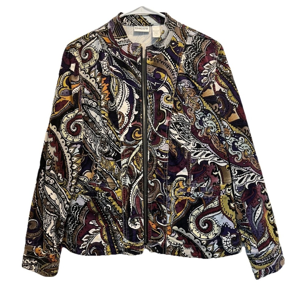 Vintage 90s Chicos Paisley Corduroy Jacket Size M Zip Front Boho Tapestry Womens
